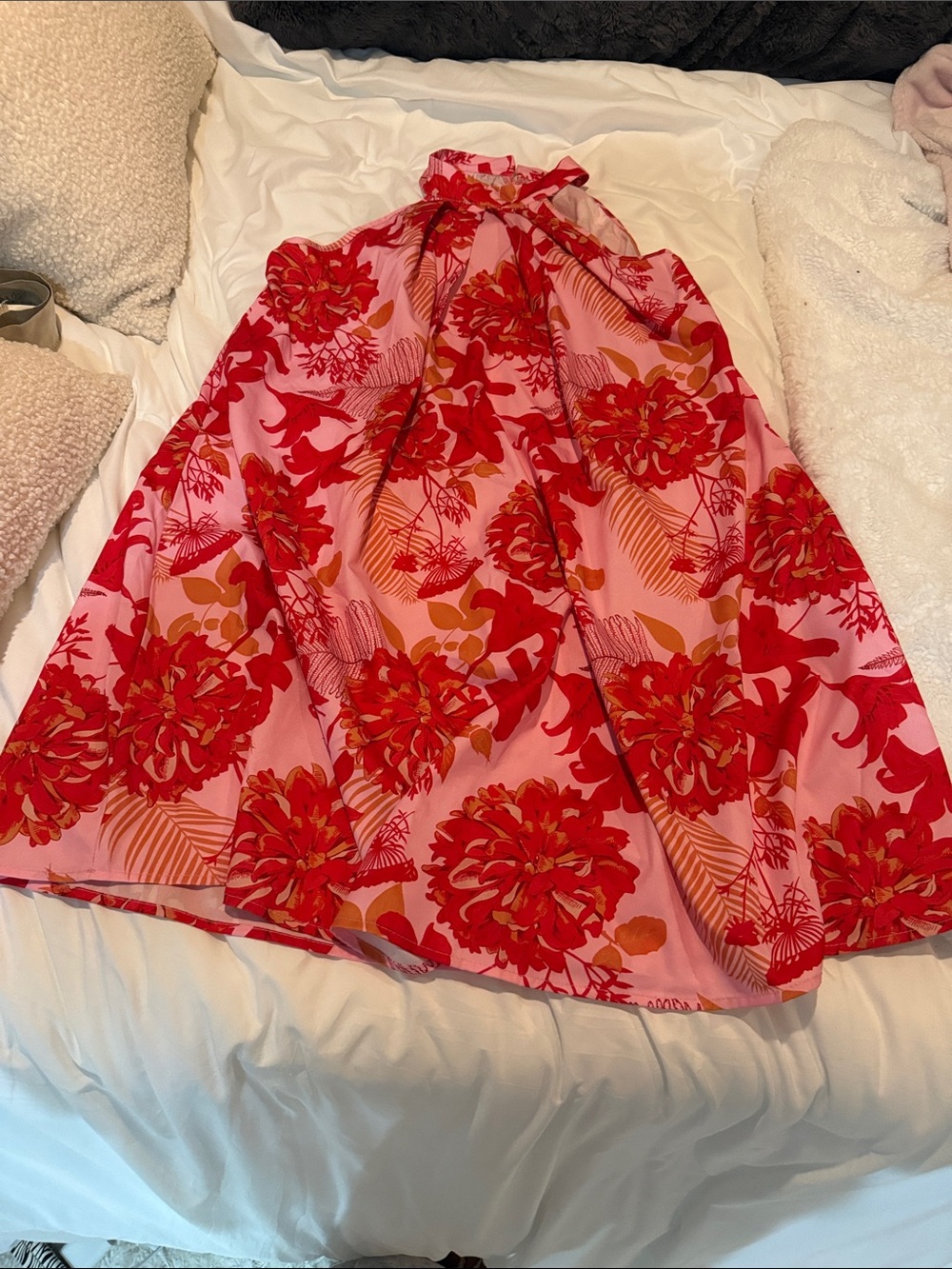 Floral Pink and Red A-Line Halter Dress
